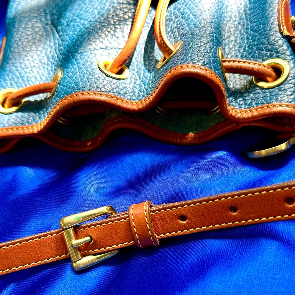 Vintage Dooney & Bourke Blue, Tan Leather Drawstring Bucket Bag - Picture 9 of 13